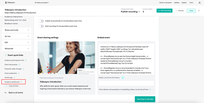 Analytics dashboard quick link